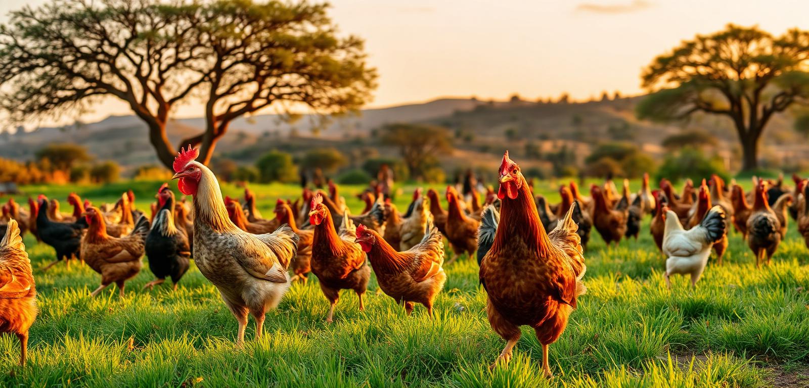 Free-range chickens roaming a Kenyan farm at golden hour